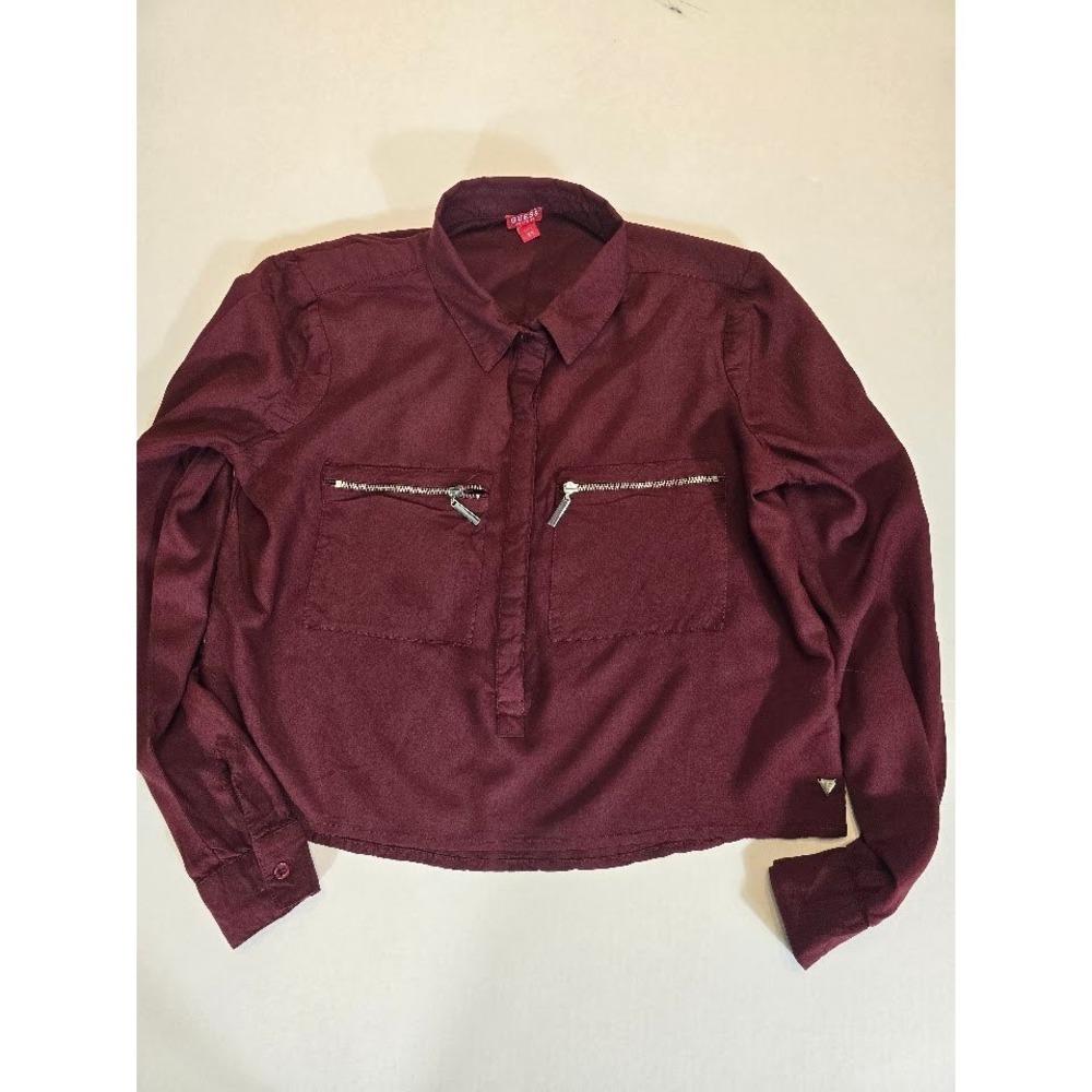 Guess Cropped Shirt Top Zipper Pockets Long Sleeve Burgundy XS See‎ Description